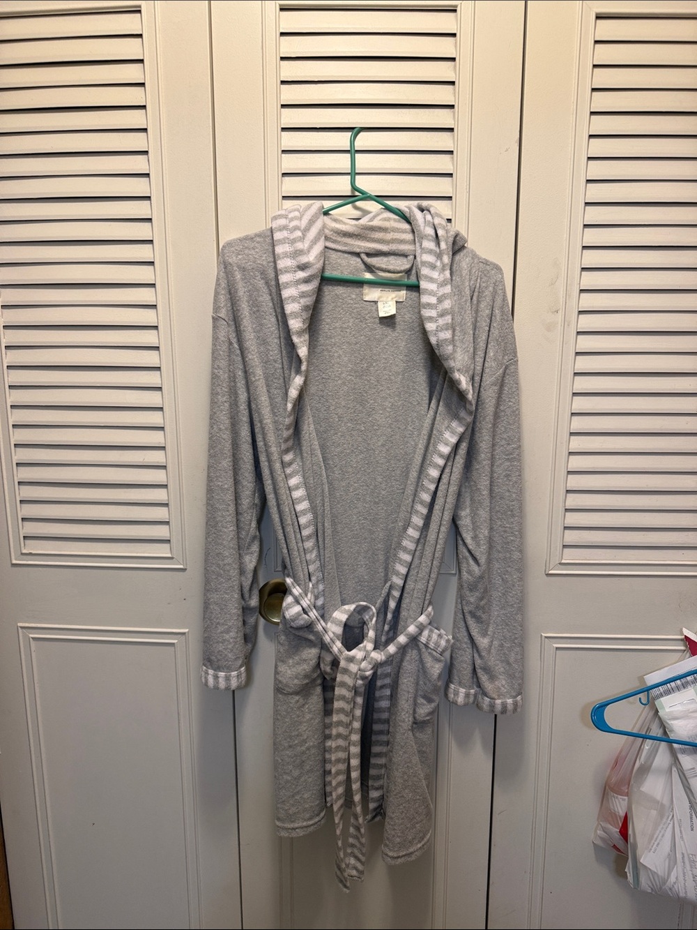 Marilyn Monroe vs Gray Hooded Robe with Striped Trim